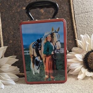 Vintage Red and Black Tin Lunchbox with Cowgirl Design